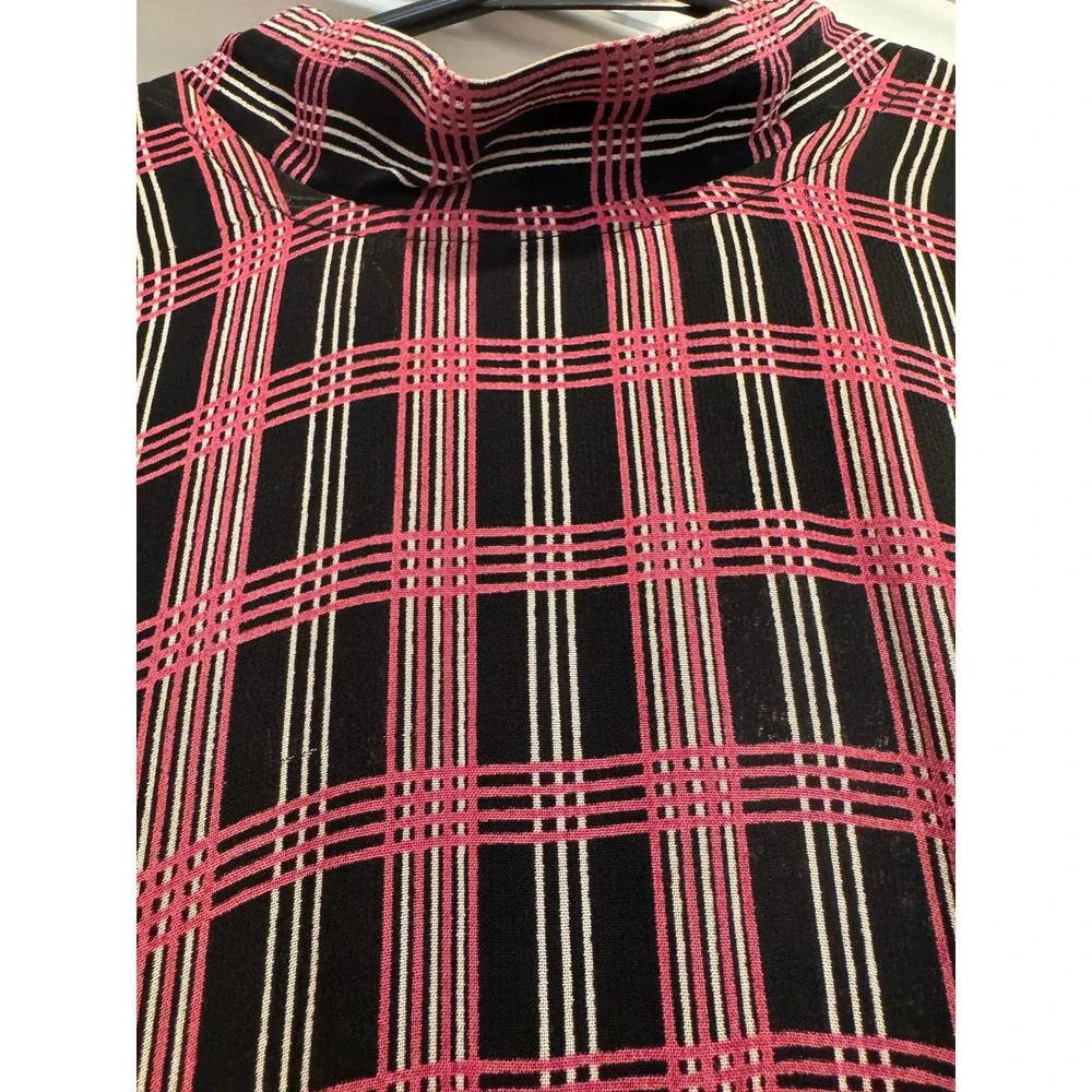 GANNI Pink Black Plaid Mock Neck Long Sleeve Midi Mod Dress Size M - Picture 3 of 13